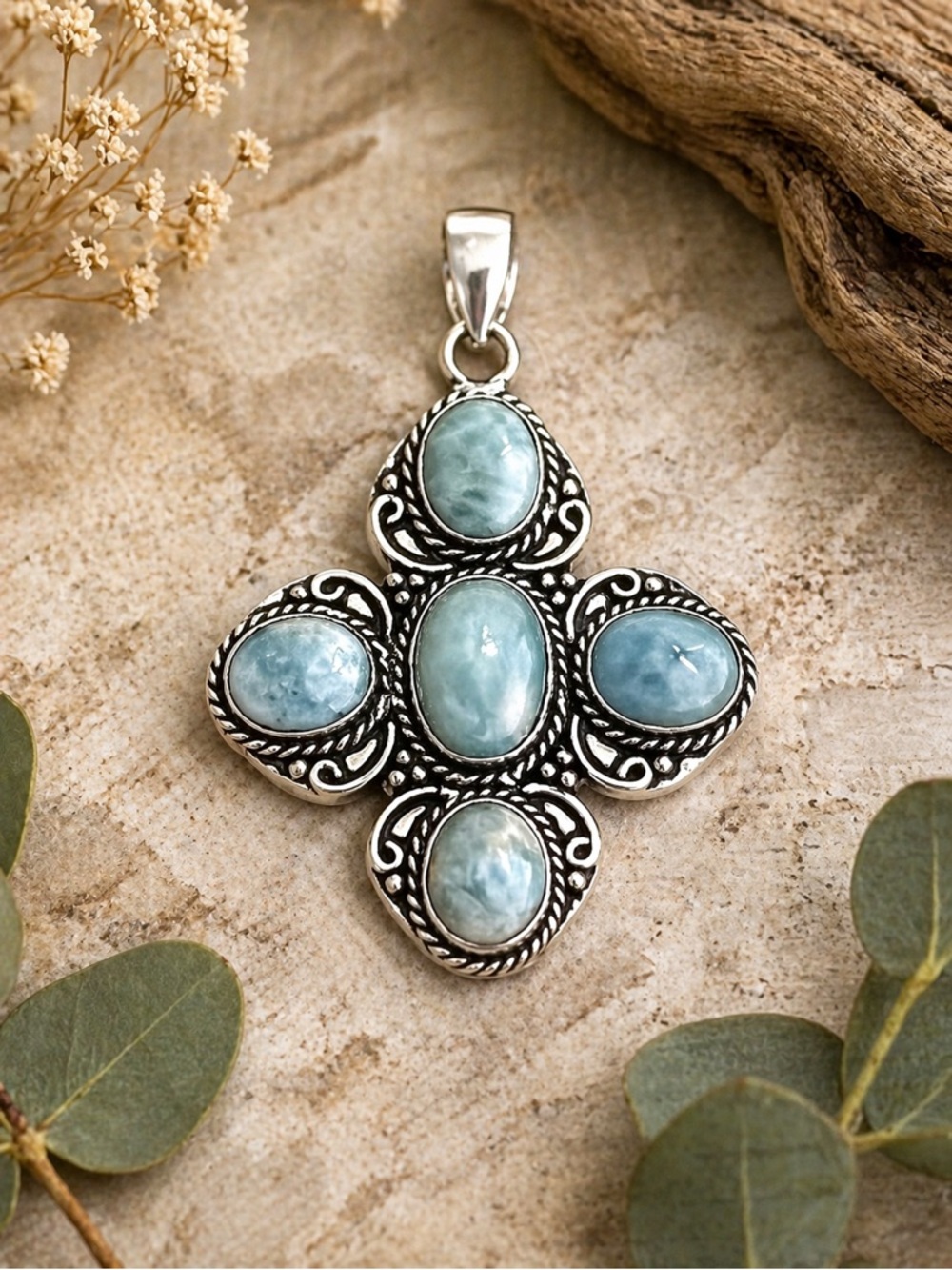5-stone Natural Larimar Cross Sterling Silver 2.3” Pendant